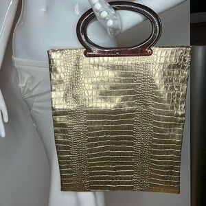 Vintage Lady's Pride Gold Croc Embossed  Folding Lucite Double Handle Tote Bag